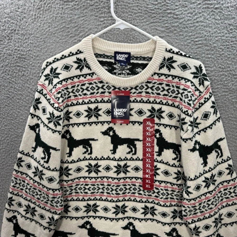 Lands End Sweater Adult XL Multicolor Fair Isle Knit Crewneck‎ Geometric Dog NEW